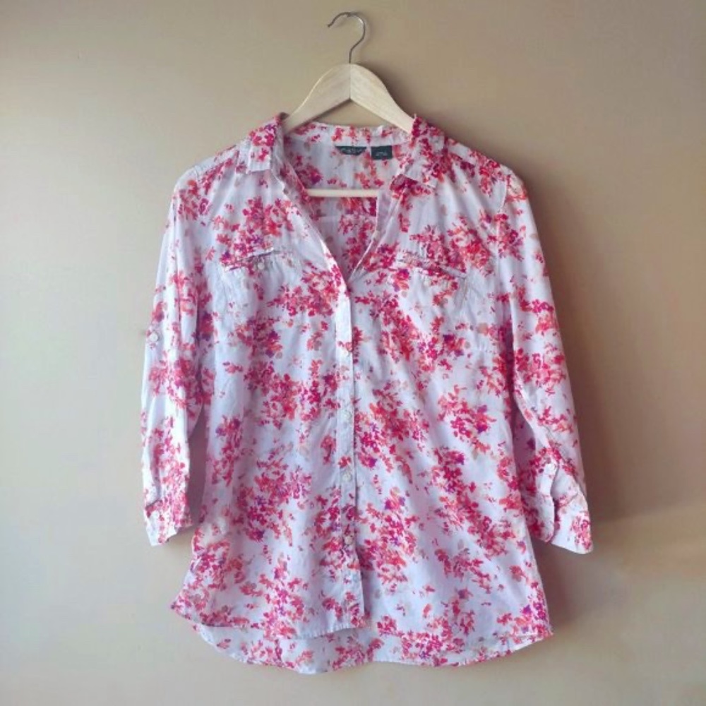 EDDIE BAUER Floral Button Down Blouse Top 3/4 Sleeves White Red Pink Medium